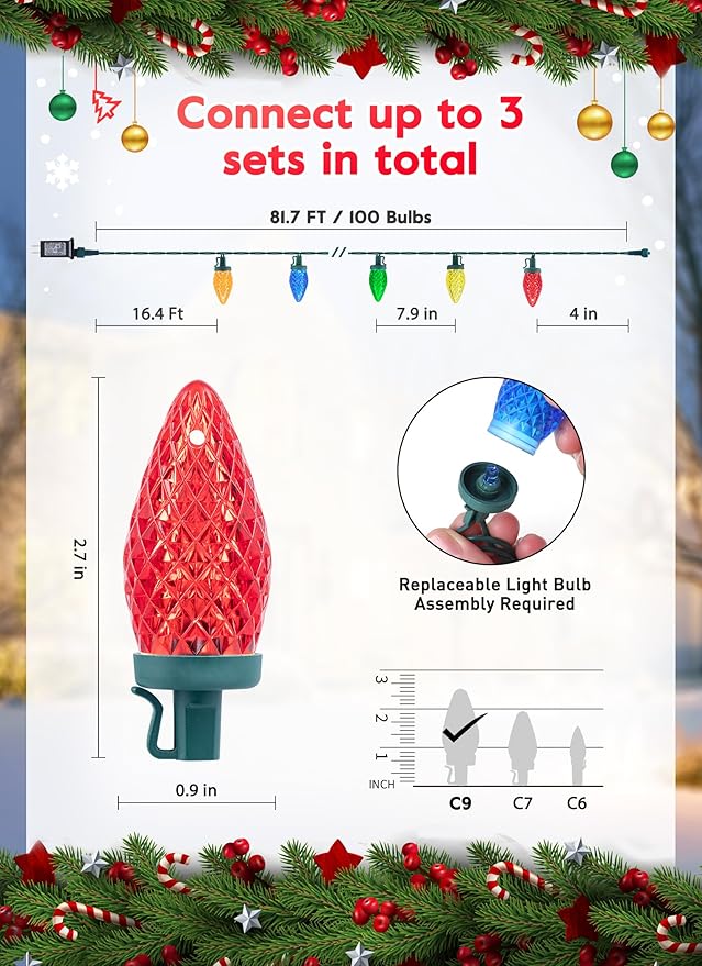 C9 LED Christmas Lights Outdoor, 81 Feet 100 LED String Lights with Timer & 8 Lighting Mode, Waterproof Commercial Grade Christmas Tree Lights for Outside Indoor Roofline Patio, Multicolor 2 Pack