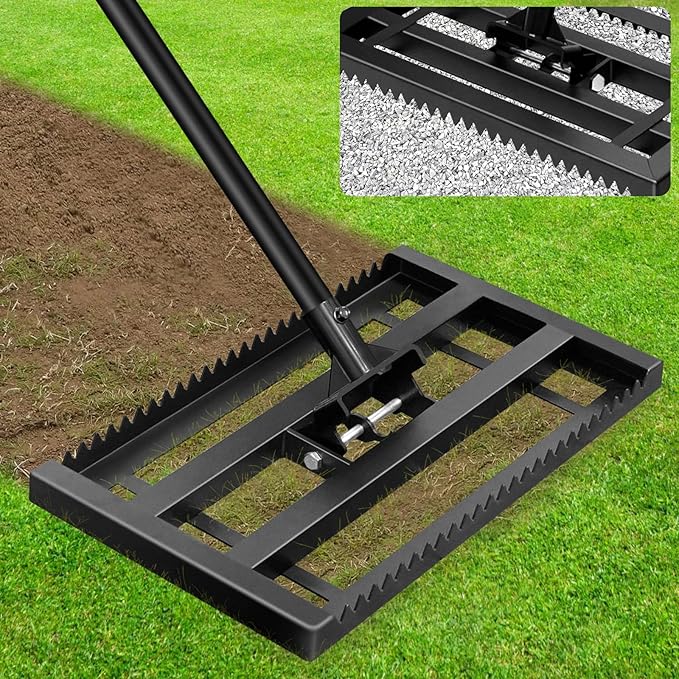 Lawn Leveling Rake-17"x10" Heavy Duty Leveler Reinforced Landscape Tool, Steel Lawn Rake with Serrated Edge & Smooth Plate for Level Soil Compost Sand Grass Dirt Yard Garden 6.5FT Adjustable Handle