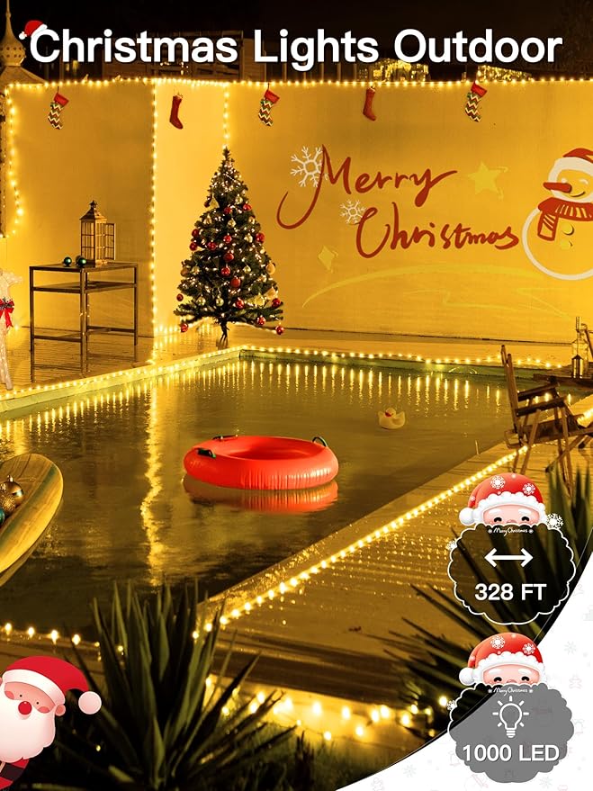 1000 LED 328 FT Outdoor Christmas Lights, IP67 Waterproof Twinkle String Lights with Remote 8 Modes and Timer Memory Function, Fairy Light for Holiday Garden Party Decorations(Warm White)