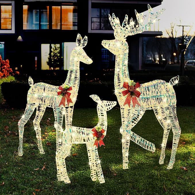 JOIEDOMI 3 Pcs Christmas Iridescent Reindeer Family Set Yard Light Decorations, 360 LED Warm White Lights with Metal Stakes for Indoor Outdoor Garden Holiday Décor, Christmas Eve Night Décor