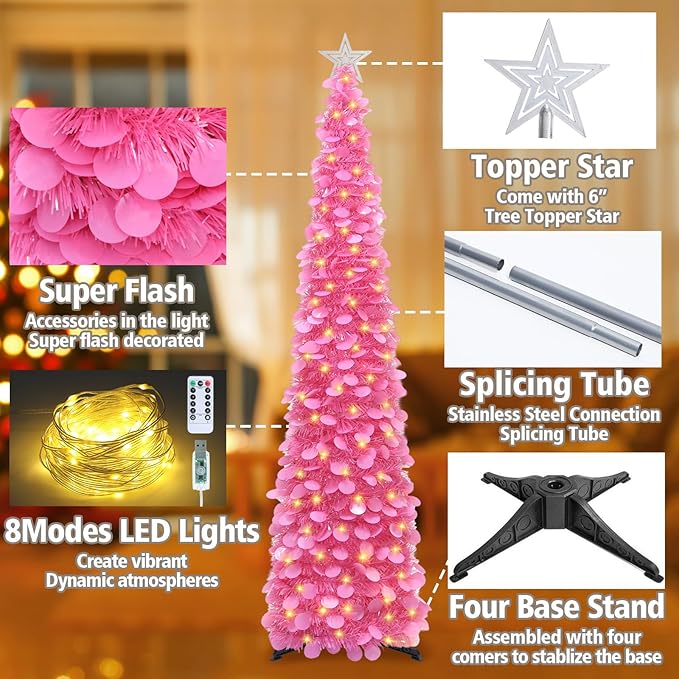HMASYO 6 FT Pop Up Christmas Tree with 100 LED Lights & Remote, Hot Pink Christmas Tinsel Tree, Collapsible Artificial Pencil Tree for Home Office Party Decor, USB Powered Timer Lights, Easy Assembly
