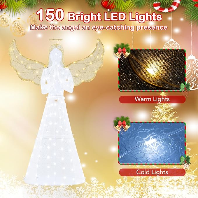 Tangkula 5 FT Lighted Christmas Angel, Light-up Winged Xmas Angel with 150 LED Lights, Zip Ties & Ground Stakes, Pre-Lit 3D Glittered Angel Decoration for Yard, Garden, Lawn & Indoor Display