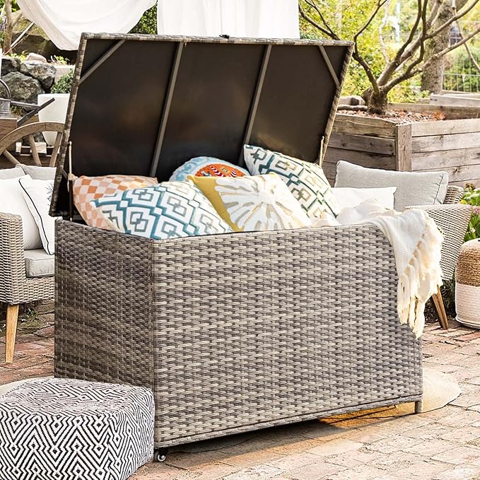 MEISSALIVVE 178 Gallon Outdoor Storage Box, Patio Deck Box with 2 Wheels, Handle Large Portable Wicker Rattan Deck Box for Patio Furniture Cushions, Throw Pillows, Garden Tools and Pool Floats (Gray)