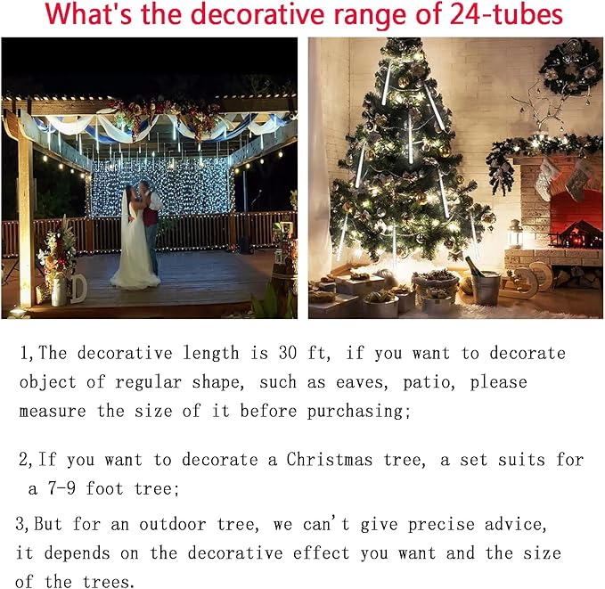Kwaiffeo Christmas Lights Outdoor, 24 Tubes(Equivalent to 3 Sets of 8-Tubes) Meteor Shower Light Snow Falling Icicle Lights for Xmas Tree Halloween Decoration Wedding Party Window, UL Plug, White