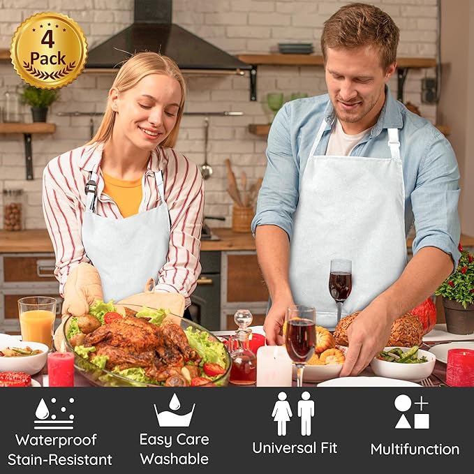 4 Packs Chef Apron, Waterproof Apron, Adjustable Aprons with 2 Pockets for Men Women, Professional Aprons for Kitchen Cooking Gardening Painting Baking Restaurant (White)