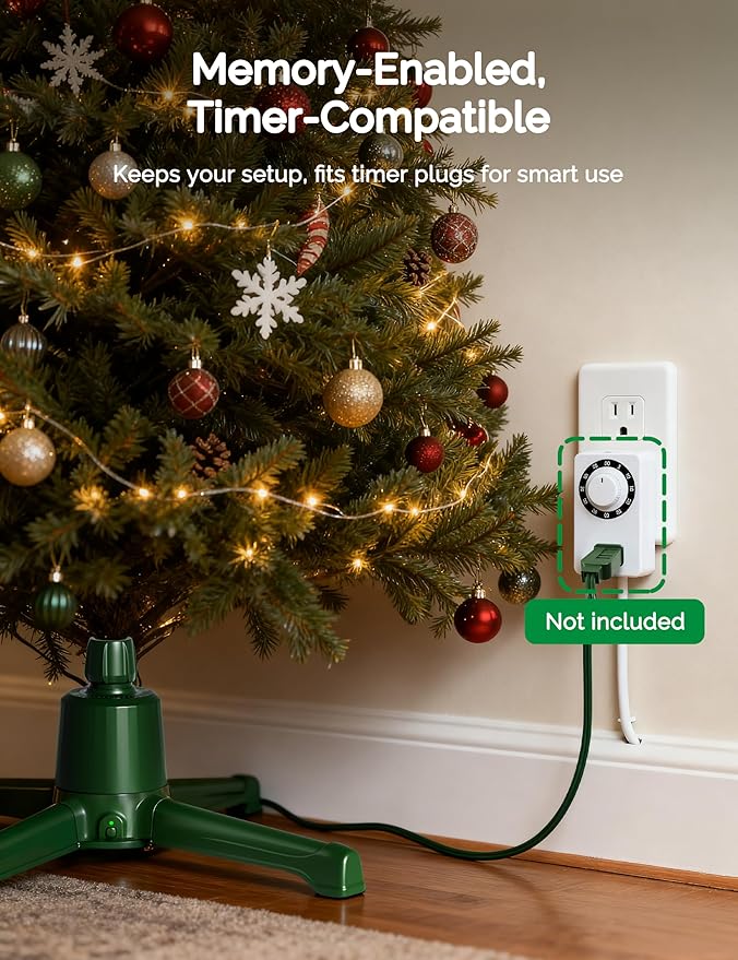 COOLWUFAN Musical Rotating Christmas Tree Stand with Remote Control, Built-in Electrical Outlets Xmas Tree for Up to 9ft Artificial Trees, Stable 360 Degree Spinning Tree Base Holder