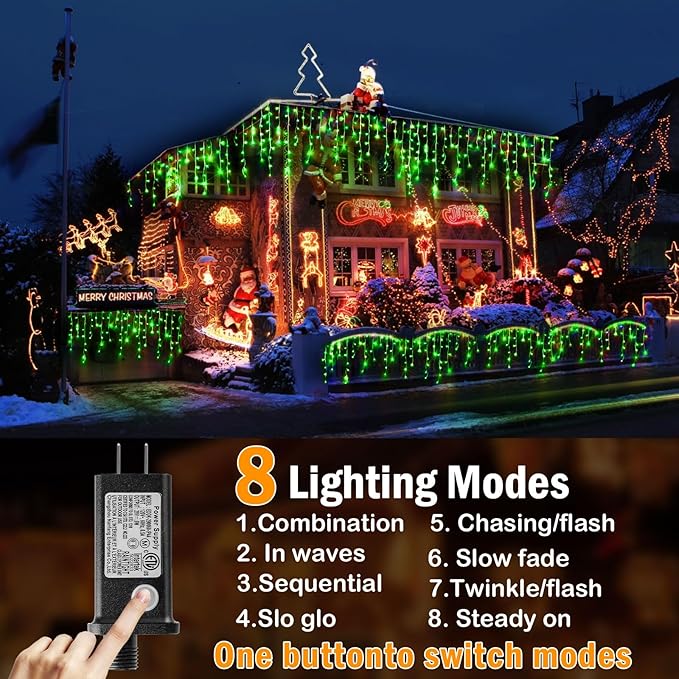 KNONEW Christmas Lights Outdoor Decorations 400 LED 33ft 8 Modes Curtain Fairy String Light with 75 Drops, Clear Wire LED String Light Indoor Decor for Wedding