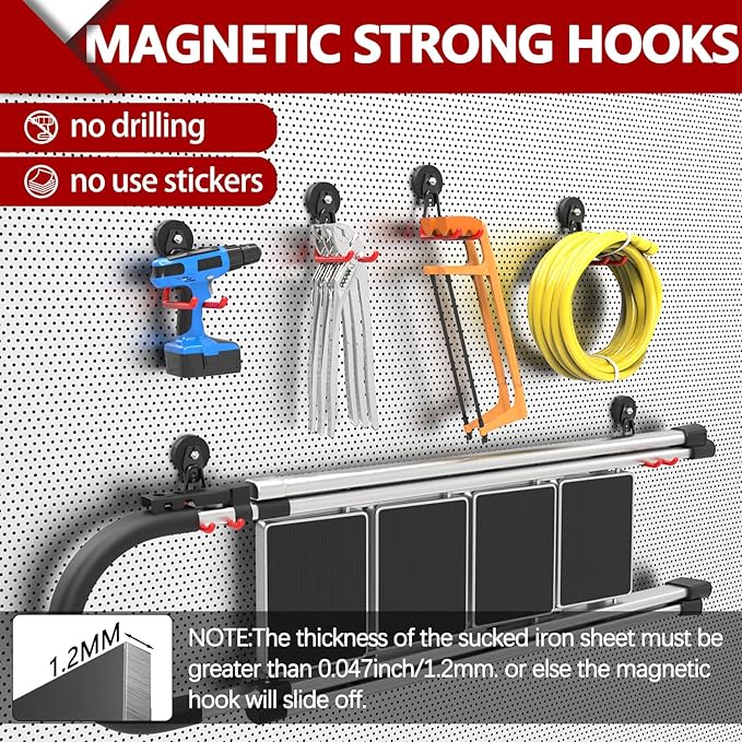 3-H Heavy Duty Magnet Garage Hooks 4 Pack, Extra Large Strong Magnetic Hooks for Hanging Cordless Power Drill, Utility Magnetic Tool Holder for Metal Cabinet, Steel Pegboard, Toolbox, Garage(Red)