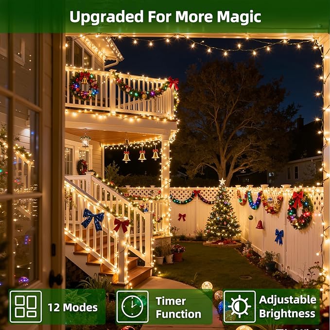 1500 LED Chrstmas Lights, 470ft Outdoor Christmas String Lights with 12 Modes, Warm White LED String Lights with Timer Dimmable Waterproof for Tree Fence Garden Xmas Halloween Wedding Party Decor