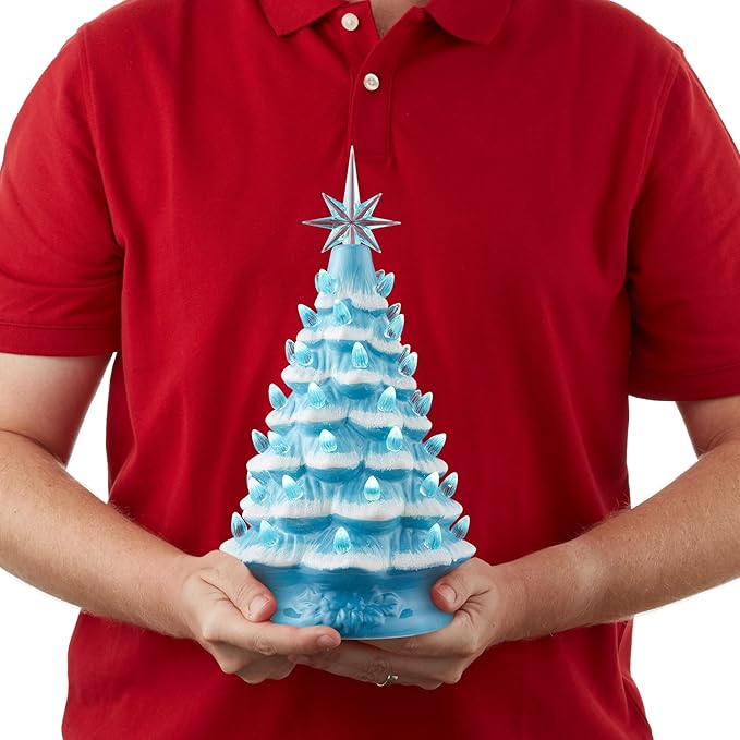 Casafield Hand Painted Ceramic Christmas Tree, Blue Snow Flocked 12-Inch Pre-Lit Tree with 100 Multi Color Lights and 2 Star Toppers