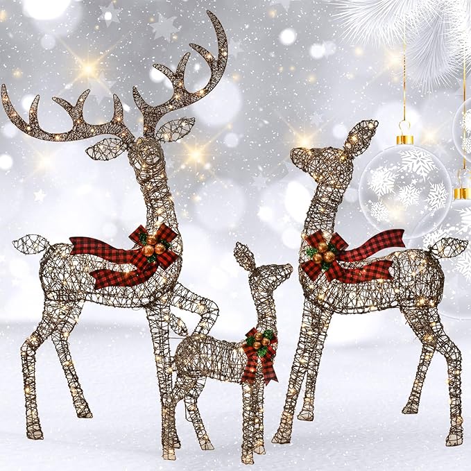 Outdoor Christmas Decorations Rattan Reindeer Family - Light Up Rattan Deer 3 Set with 210 LED Lights - Outside Yard Decor Kit Including Lighted 3-Piece Deer, Stakes - Brown