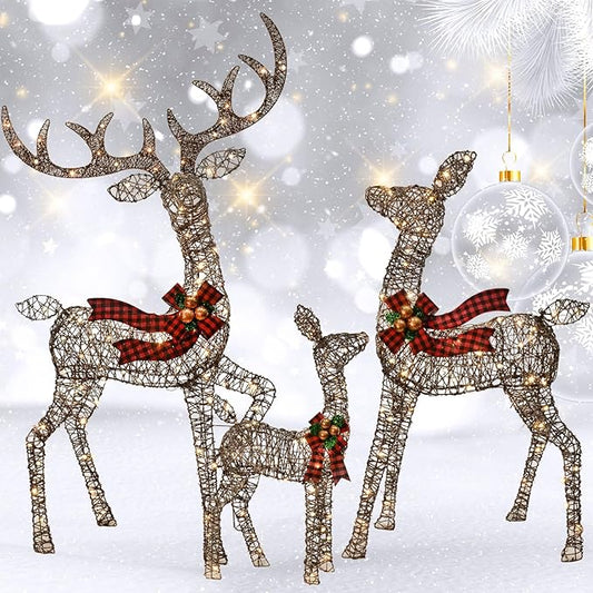 Outdoor Christmas Decorations Rattan Reindeer Family - Light Up Rattan Deer 3 Set with 210 LED Lights - Outside Yard Decor Kit Including Lighted 3-Piece Deer, Stakes - Brown