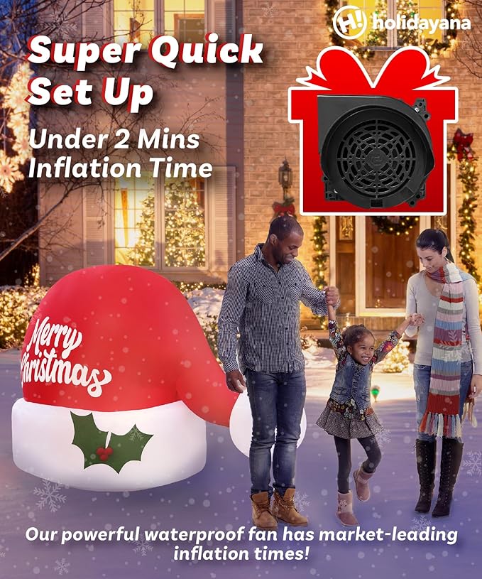 Holidayana Christmas Inflatables Large 4.5ft Tall Merry Christmas Santa Hat - Inflatable Outdoor Decorations Blow Up X-mas Decorations for Yard, Lawn & Garden Internal Lights & Built-in Fan
