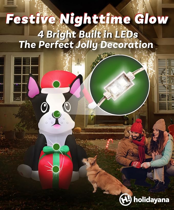 Holidayana Christmas Inflatables Large 5ft Tall Boston Terrier Dog with Gift - Inflatable Outdoor Christmas Decorations Blow Up X-mas Decorations for Yard, Lawn & Garden Internal Lights & Built-in Fan