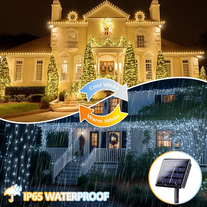 Warm White and Cool White Color Changing Solar String Lights for Outside, 2 Pack 400LED Solar Christmas Lights Outdoor, Waterproof Copper Wire with 8 Modes Twinkle Fairy Light for Tree Christmas Decor