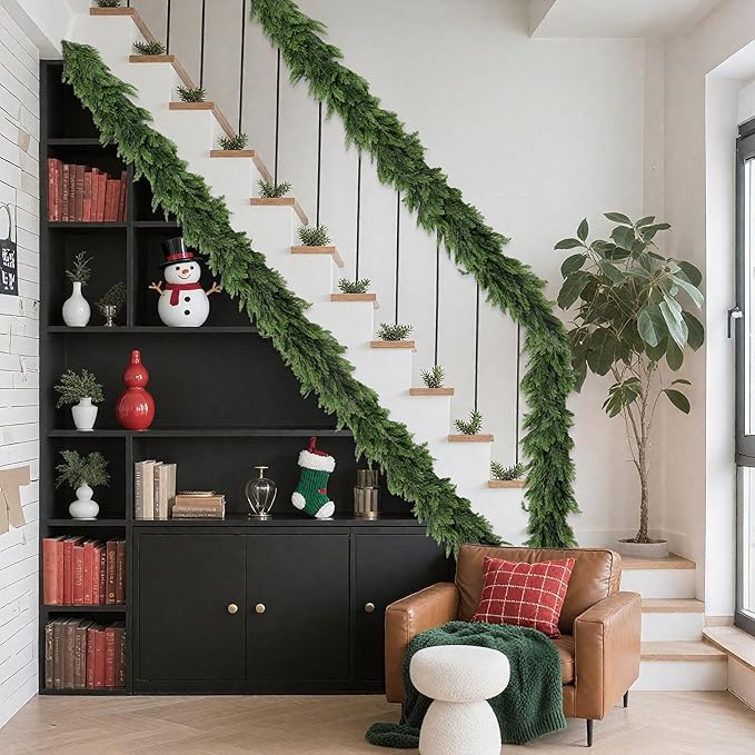 9FT Artificial Christmas Cedar Garland, Realistic Soft and Thick Touch Greenery Cedar Pine Garlands for Mantle Table Fireplace Door Stairs Holiday Christmas Decorations Outdoor Indoor(1pcs)