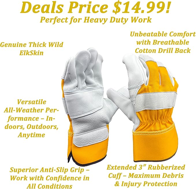 SKYDEER Premium Wild Elkskin Leather Work Gloves for Men (2 Pairs Large), All-Weather Durable & Breathable, Anti-Slip Grip for Heavy-Duty Labor, Construction, and Gardening