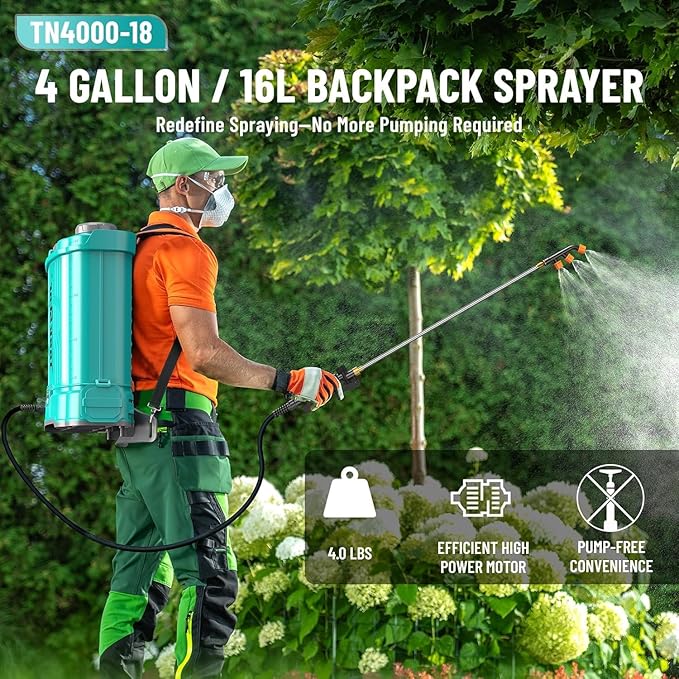 Backpack Sprayer 4 Gallon Battery Powered Electric - 2 * 2000mAh Battery Lawn Sprayer 100PSI Adjustable Pressure with 2 Wands, 6 Nozzles, Lawn Yard Weed Battery Sprayer for Garden