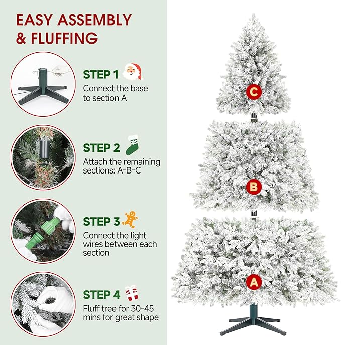 6.5ft Pre-Lit Snow Flocked Rotating Christmas Tree with 340 Multi-Color LED Lights, 1036 PE & PVC Tips - Realistic Artificial Tree for Holiday Decor