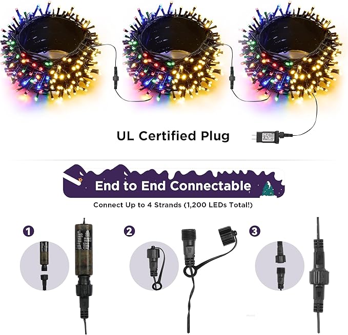 WBao Christmas Lights Indoor Outdoor 300LED 100FT, Color Changing Christmas String Lights with Remote, UL Certified, 11 Modes, Timer, Connectable & Waterproof for Party Decor, Warm White & Multicolor