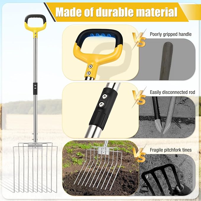 Pitchfork for Gardening, 50" Multifunctional Stainless Steel Garden Pitchfork with Handle, Suitable for Shoveling, Fertilizing, Transplanting, Mulching Garden Fork - 10 Tines