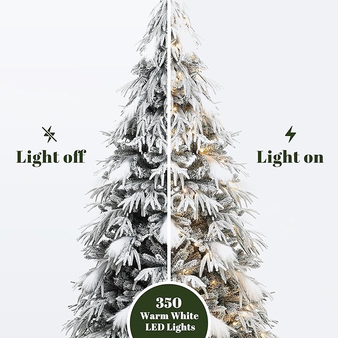 LuxenHome 6.5FT Flocked Artificial Christmas Tree, Downswept Branches Spruce Prelit Christmas Trees with 350 Warm White LED Lights and Feather Accents, 2522 PE+PVC Tips, Xmas Tree Holiday Decor