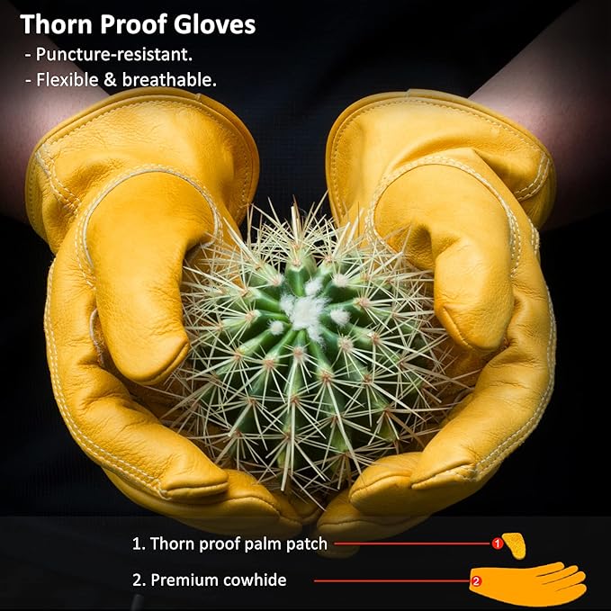 Leather Work Gloves, Puncture Proof Garden Gloves for Women, Heavy Duty Safety Working Gloves for Men