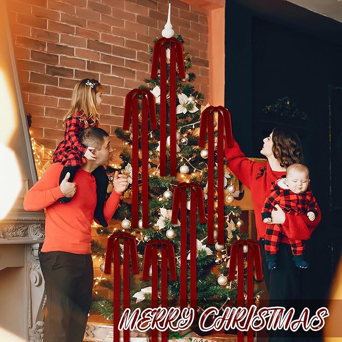 Janinka 12 Pcs Large Velvet Christmas Swag Bow 31.5 x 23.6 inch Rustic Velvet Staircase Wreath Bows Vintage Christmas Tree Topper Bows Large Bow for Outdoor (Wine Red)