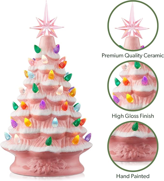 Casafield Hand Painted Ceramic Christmas Tree, Pink Snow Flocked 12-Inch Pre-Lit Tree with 100 Multi Color Lights and 2 Star Toppers