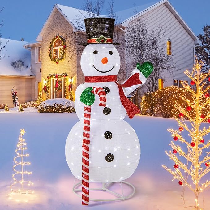 Tangkula 5 FT Pop-up Lighted Christmas Snowman, Large White Pre-lit Christmas Decoration with 180 LED Lights, Hat, Scarf, Indoor Outdoor Xmas Holiday Decor for Party, Yard, Garden, Porch, Lawn