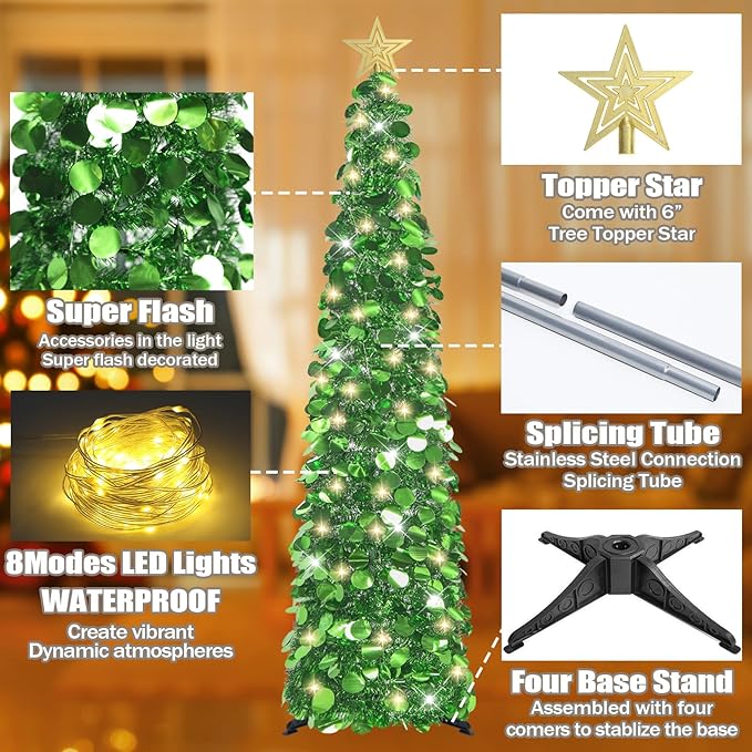 HMASYO 5 FT Pop Up Christmas Tree with Timer Lights, Green Christmas Tinsel Tree, Collapsible Artificial Pencil Christmas Tree for Indoor Home Apartment Porch Holiday Party Decorations