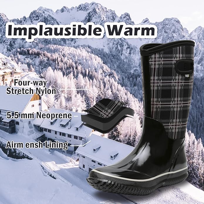 WTW Mid Calf Rain Boots for Women - Waterproof Insulated Neoprene Mud Boots Outdoor Hunting Garden Boots