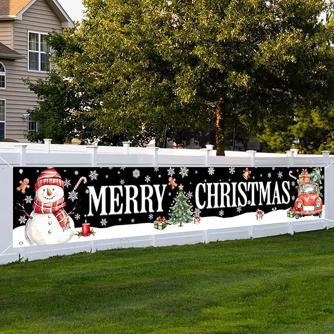 Happy Christmas Large Banner,Snowman Banner for Outside,Merry Christmas Truck Decorations for Yard Garden 120x20 Inches