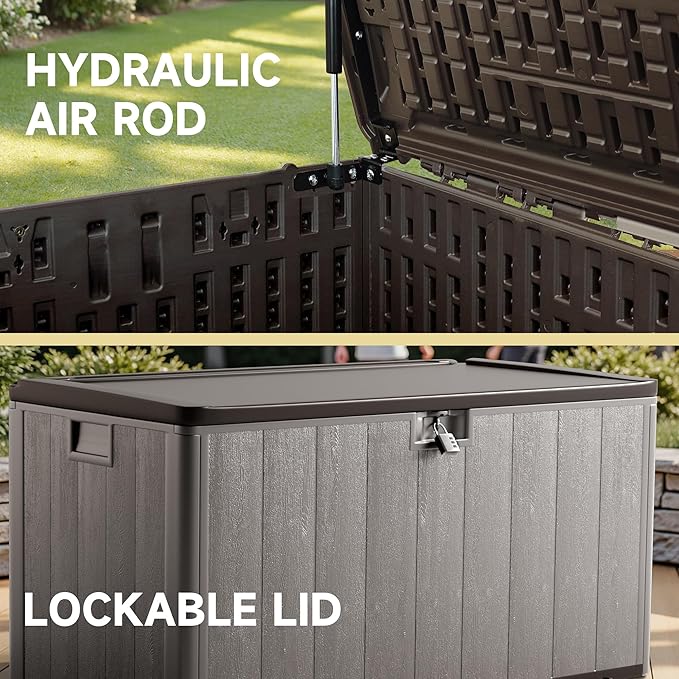 120 Gallon Deck Box, Double Layer Waterproof Resin Outdoor Indoor Storage Box, Lockable & UV Resistant Storage Bin for Patio Furniture, Garden Tools, Pool Accessories (Brown)