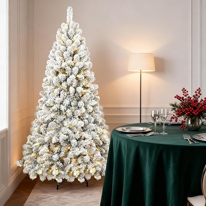 6ft Per-Lit Snow Flocked Christmas Tree, Artificial Christmas Tree with 300 Warm White Lights,779 Branch Tips, Premium Green Full Xmas Tree for Easy Holiday Setup, Foldable Metal Base