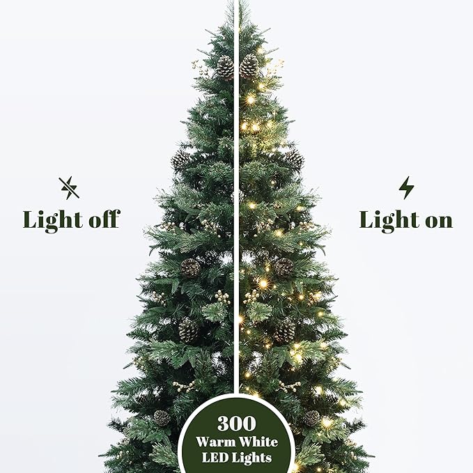 LuxenHome 6.5FT Prelit Christmas Tree with Lights, Slim Artificial Christmas Tree with 300 LED Lights and Pine Cone, 978 PE+PVC Branch Tips, Plug-in Prelit Pine Tree Indoor, Outdoor Holiday Décor