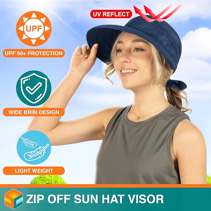 SUN CUBE Women Sun Hat for Outdoor UV Protection, Wide Brim Sun Hat Ponytail, Convertible Zip-Off Beach Hat Visor