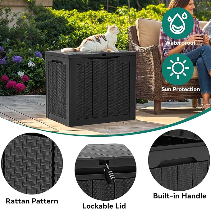 YITAHOME 30 Gallon Outdoor Storage Box, Small Water Resistant Resin Deck Box, Indoor Outdoor Lockable Rattan Storage Container for Patio, Garden, Cushions, Tools, Equipment (Black)
