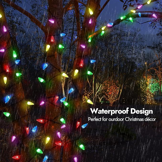 WBao Battery Operated Christmas Lights, 100 LED 34ft C6 String Lights with 8 Modes, Auto Timer, Waterproof for Indoor Outdoor Christmas Trees, Fence, Garlands, Stairs Xmas Decorations, Multicolor