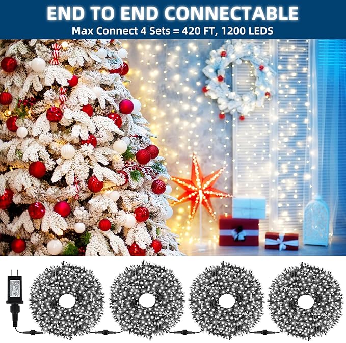 105FT 300LEDs Christmas Lights Outdoor Indoor String Lights 8 Modes Memory Function for Christmas Tree Party Decoration, UL Listed (4 Sets CONNECTABLE) White