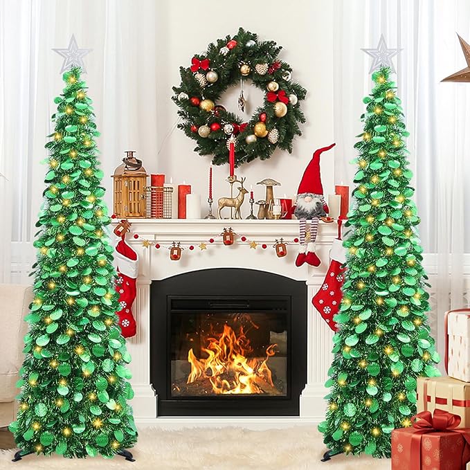 HMASYO 5 FT Pop Up Christmas Tree with Timer Lights, Green Christmas Tinsel Tree, Collapsible Artificial Pencil Christmas Tree for Indoor Home Apartment Porch Holiday Party Decorations