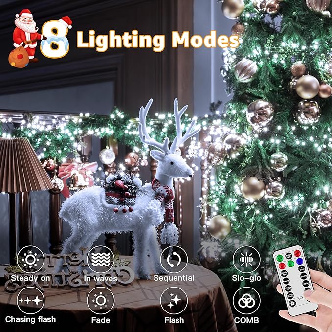500 LED 25 FT Cluster Lights, White Christmas Tree Lights 8 Modes Timer Remote, Waterproof String Lights for Indoor Outside Garland Xmas Decorations