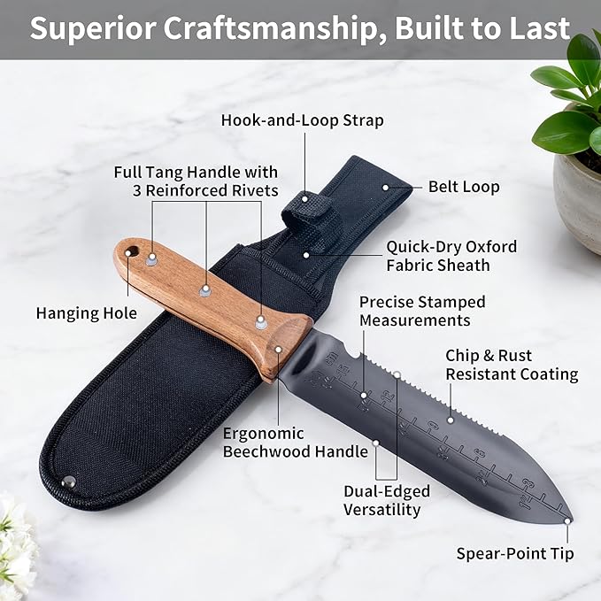 YANG Hori Hori Garden Knife, 7" Stainless Steel Gardening Knife with Oxford Cloth Sheath, Full Tang Beechwood Handle EDC Garden Tool for Digging, Planting & Weeding, Pointed Tip for Hard Soil
