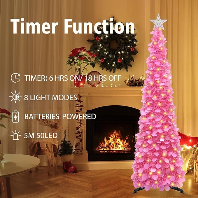 HMASYO 5 FT Pop Up Christmas Tree with Timer Lights, Hot Pink Christmas Tinsel Tree, Collapsible Artificial Pencil Christmas Tree for Indoor Home Apartment Porch Holiday Party Decorations