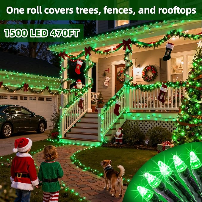 1500 LED 470FT Christmas Lights Outdoor,12 Lighting Modes Christmas String Lights with Timer, Dimmable Plug in Green LED StringLights Waterproof for Yard Tree Wedding Party Holiday Green