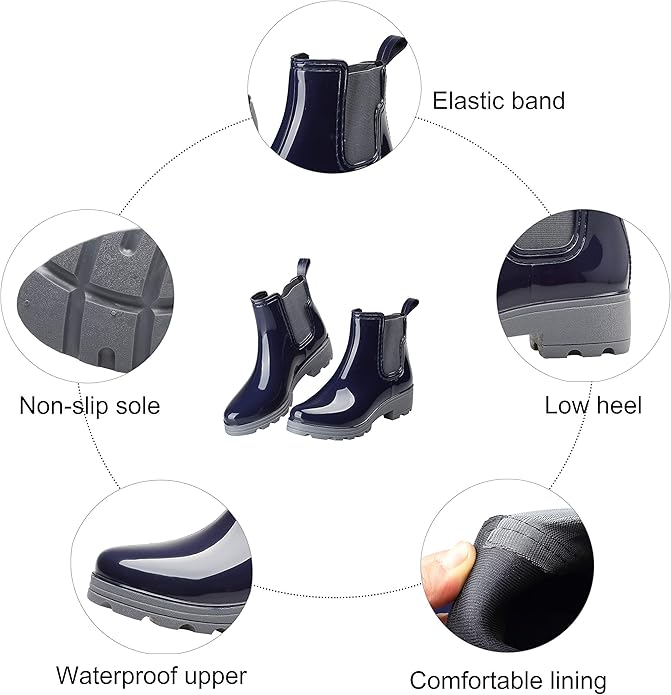 Women's Short Rain Boots Waterproof Slip On Ankle Chelsea Booties