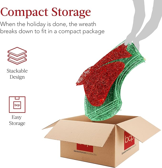 Best Choice Products 60in Pre-Lit Outdoor Christmas Wreath Decoration, LED Metal Holiday Decor for Home Exterior, Garden w/ 206 Lights, Bow - Green/Red