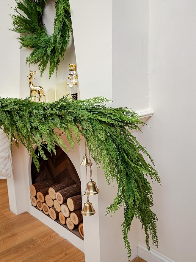 6FT Extra Full Cedar Garland Real Touch Faux Cedar Garland Christmas Greenery for Mantle Stairs Table Wall Front Door Indoor Outdoor Christmas Xmas Decor Decorations
