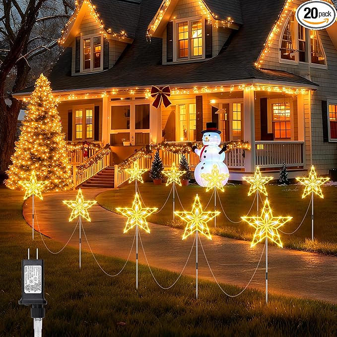 Brightown Pathway Lights Outdoor Christmas Decorations, 2 Set Total 20-Pack Large Waterproof Stake Decorative Light for Outside Sidewalk Yard Lawn Path Walkway Driveway Marker Stake, Warm White