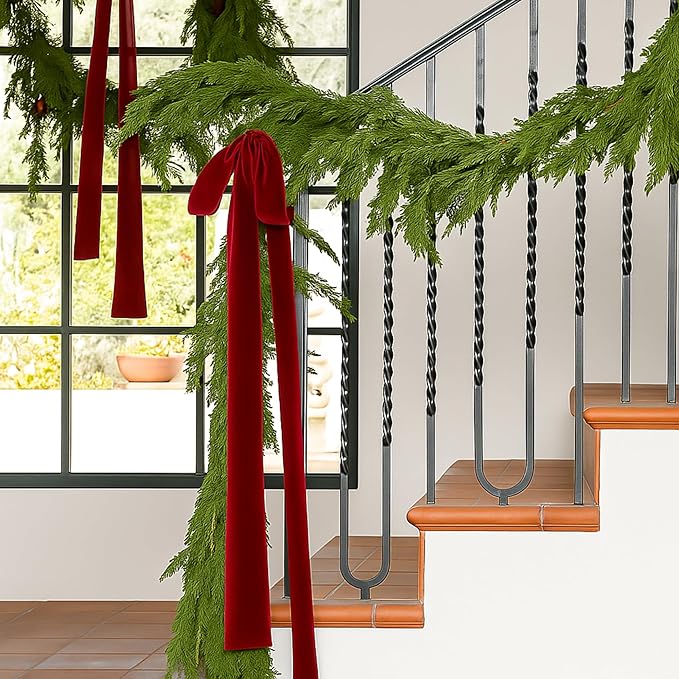 Janinka 6 Pcs Red Large Velvet Christmas Swag Bow 31.5 x 23.6 inch Vintage Christmas Ornament Rustic Velvet Staircase Wreath Bows Xmas Tree Topper Bows Large Bow for Outdoor